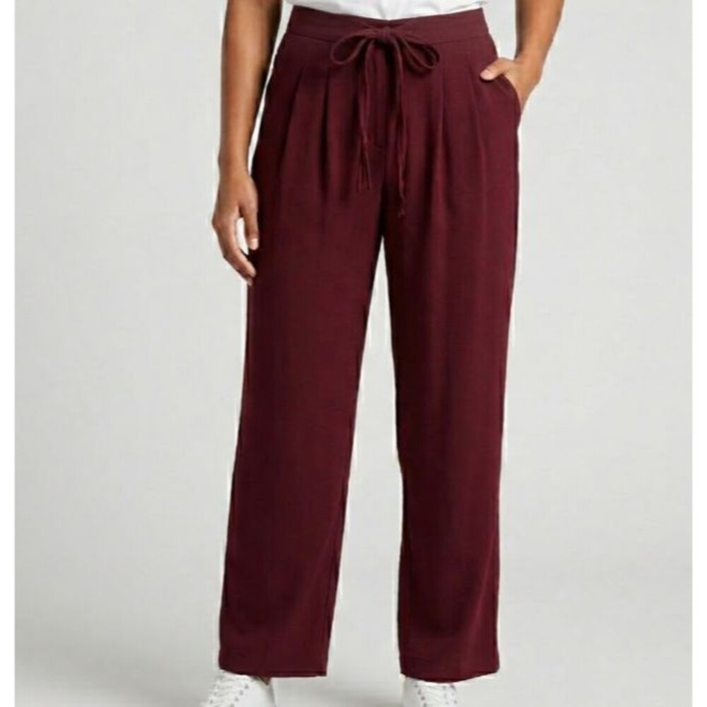 Halara Burgundy Pleated Tie Waist Zip Up Woven Pants With Pockets Size XS